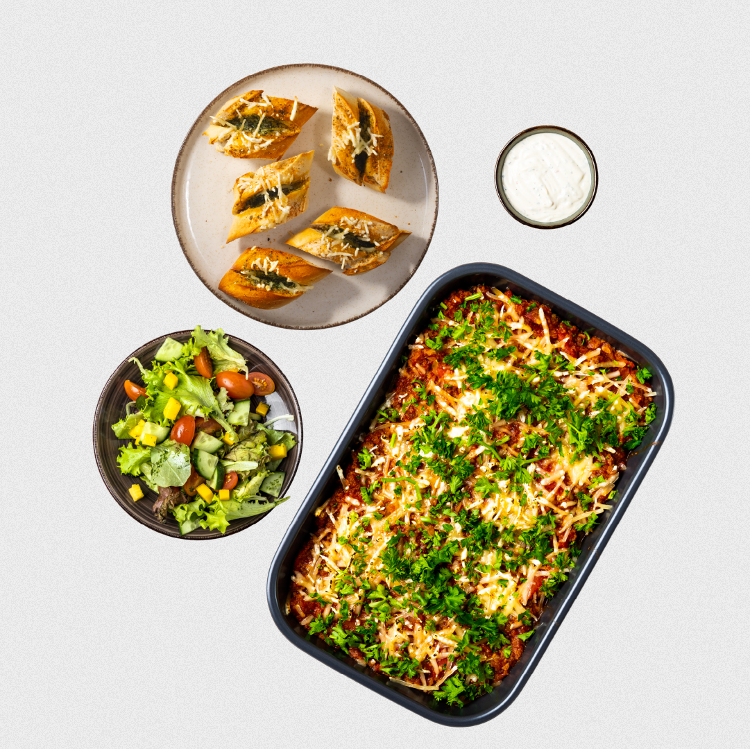 VEGAN LASAGNE MEÐ HVÍTLAUKSBRAUÐI